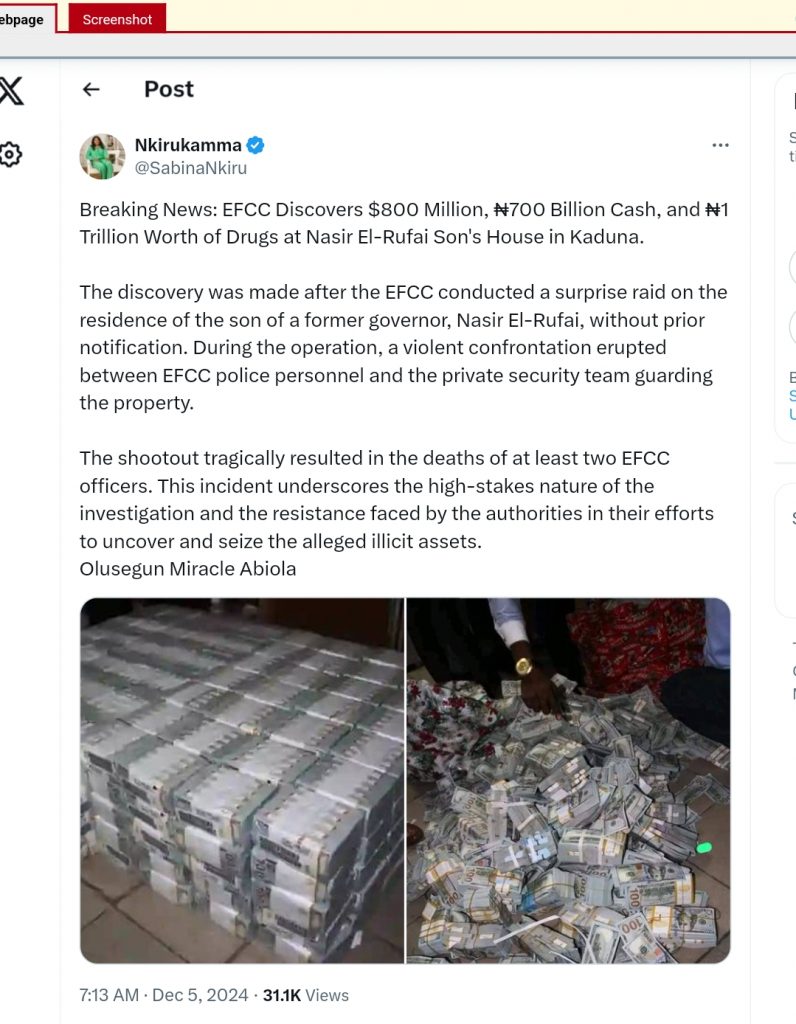 Did EFCC Raid El-Rufai’s Son’s House, Recover $800 Million, ₦700 Billion?